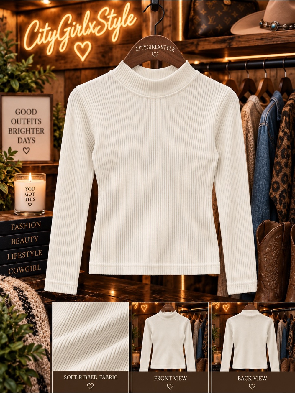 Women’s Cream Ribbed Mock Neck Top